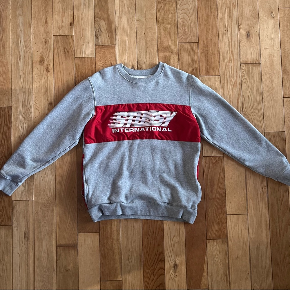 Stussy International Gray Red‎ Mens Crew Neck Sweater Pockets Size Medium